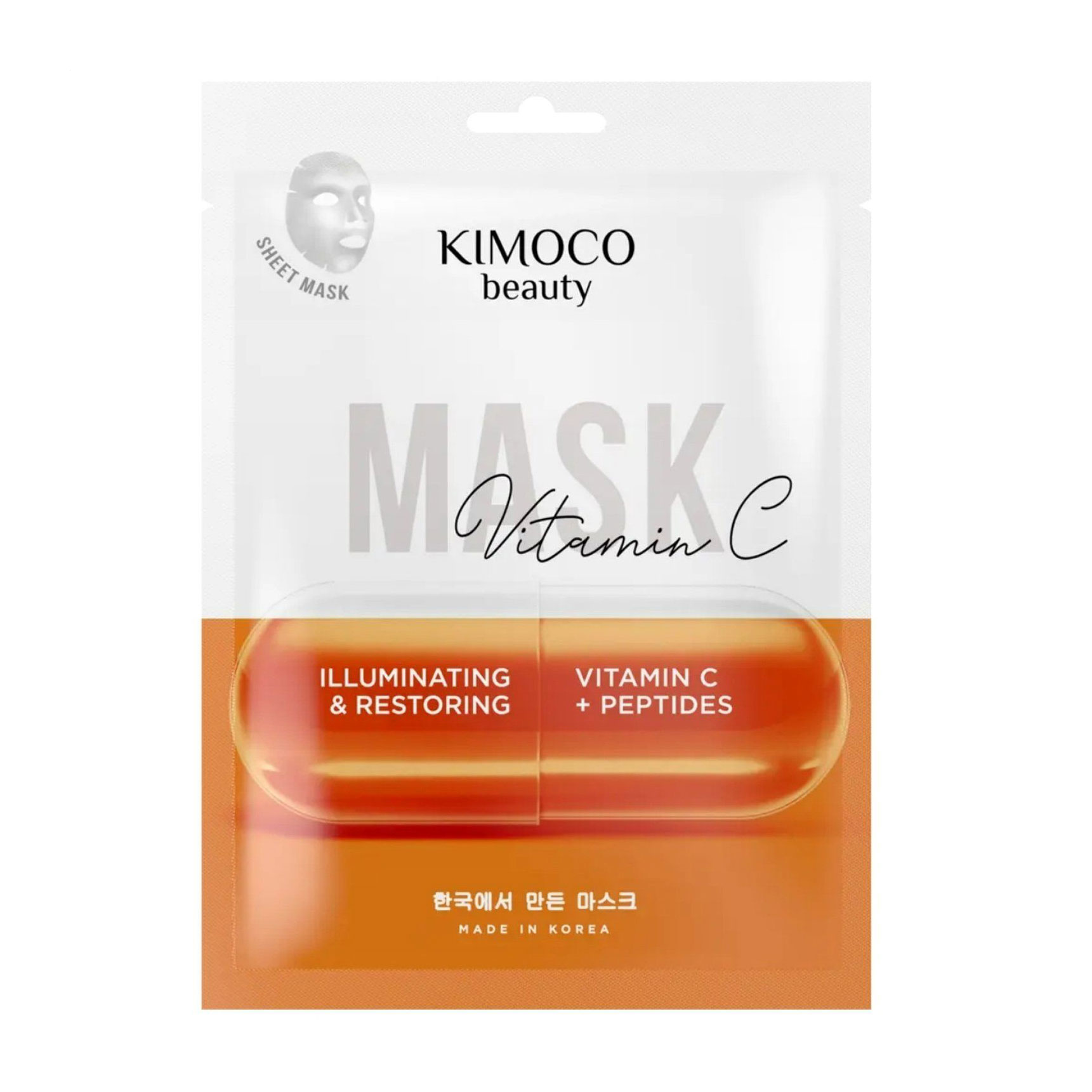 Освітлювальна відновлювальна тканинна маска для обличчя Kimoco Beauty Illuminating &amp; Restoring Mask з вітаміном С та пептидами, 23 мл